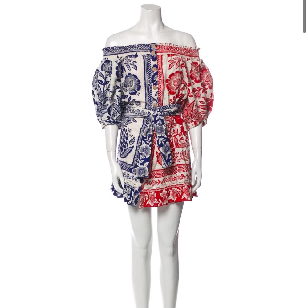 Farm Rio Off-Shoulder Mini Floral Dress in Red and Blue